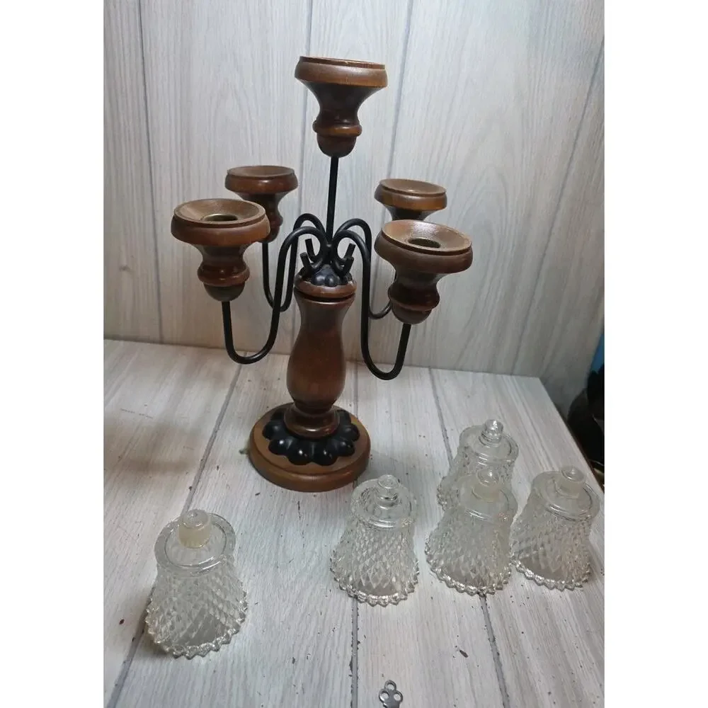 Vtg 60s/70s Wood And Wrought Iron Candelabra 5 Arm Gothic Candle Votives 19.5”